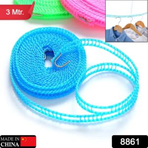 3 Meter Anti-Slip Clothesline Rope – Nylon, Hooks, Indoor/Outdoor