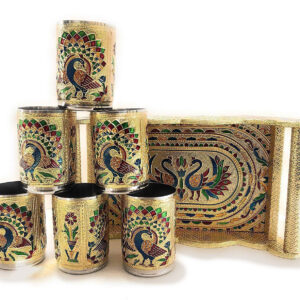 Peacock Design Glass with Handle and Handicraft Serving Tray Set Peacock Design Glass with Handle and Handicraft Serving Tray Set