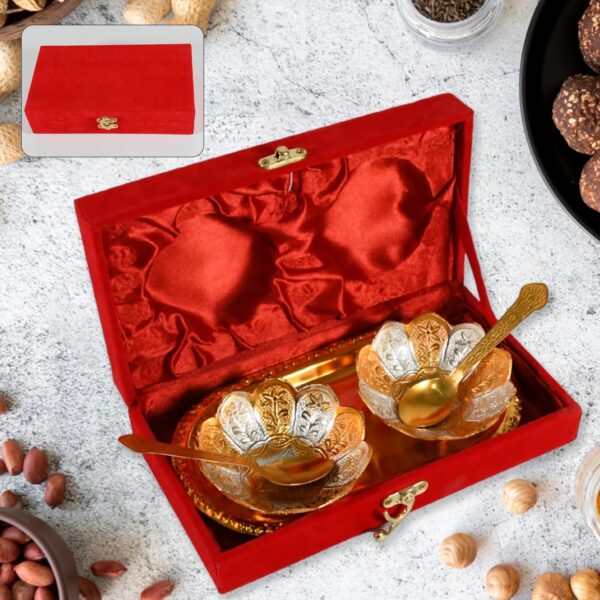 5-in-1 Gold & Silver Plated Bowl Spoon Tray Set with Velvet Gift Box 5-in-1 Gold & Silver Plated Bowl Spoon Tray Set with Velvet Gift Box