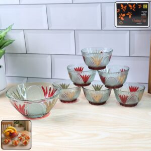 Rose glass Multipurpose Pudding / Dessert / Ice Cream Bowl Set for Home use, Home & Kitchen Serving Bowl for Sundae, Sweets, Snacks, Fruit, Pudding, Nuts or Dip, Serving Bowls 6 Medium & 1 Big Bowl (Set of 7 pc)