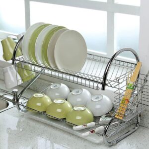 Stainless Steel 2 Layer Kitchen Dish Rack / Plate Cutlery Stand