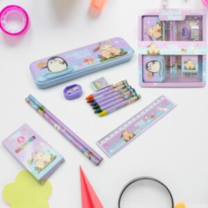 Stationery Kit for Kids – Metal Pencil Box, Sharpener, Pencil & Eraser (12 Pc Set)