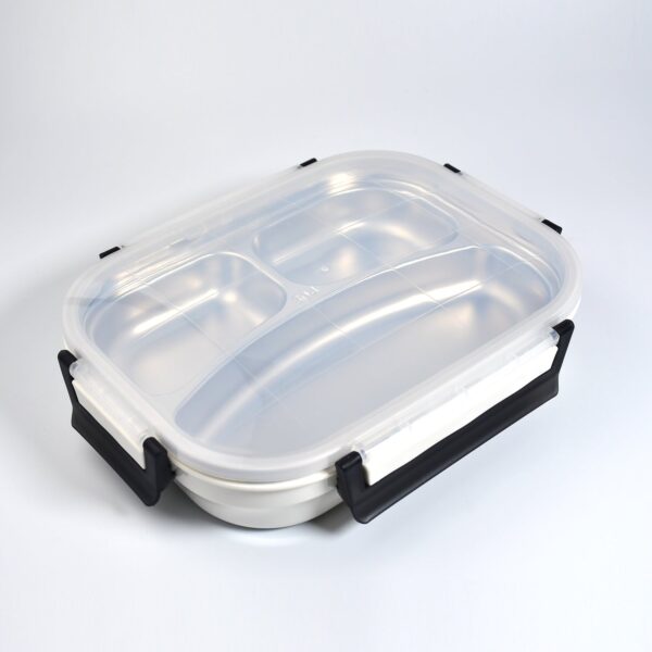 White Transparent Lunch Box – Stainless Steel with 3 Compartments for Kids & Adults